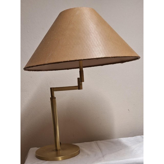 Vintage Brass Height-Adjustable Table Lamp with Handmade Faux Leather Swivel Shade, 1970s For Sale - Image 4 of 7