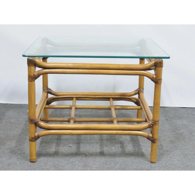 Mid-Century Modern Late 20th Century Boho Chic Rattan Glass Top Side Table For Sale - Image 3 of 6