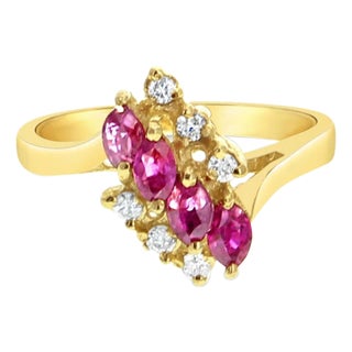Marquise Ruby Diamond Cluster Ring 14k Yellow Gold, Size 5 For Sale