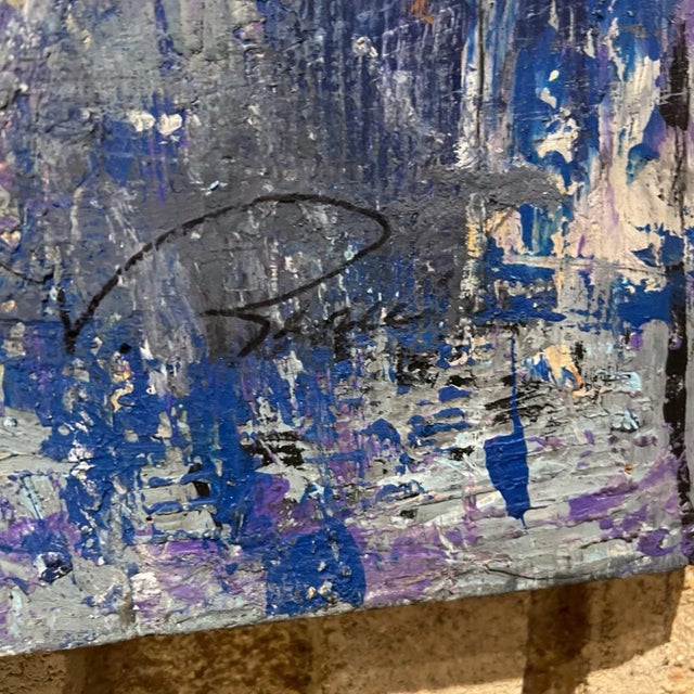 For your consideration, an abstract blue city landscape modern art oil painting on wood. Signed unable to read Dimensions:...