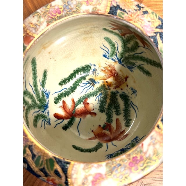 Vintage Satsuma Style Porcelain Fishbowl Planter Floral and Keisha Design With Koi Interior For Sale - Image 13 of 15