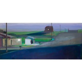 Evening Shed by Hiroshi Sato | Oil on canvas Landscape with shed and house at dusk For Sale
