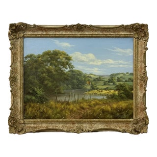 Lush Green English Countryside with Cottage & River by British Landscape Artist 1980 Circa For Sale