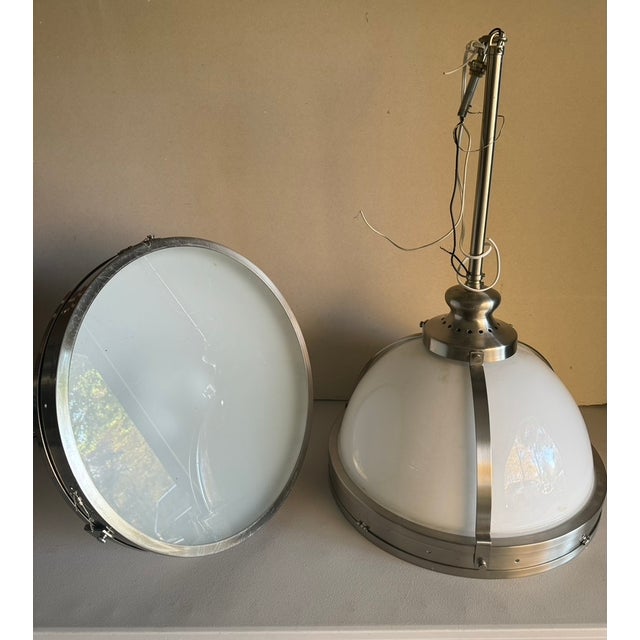 Transparent Large Vintage 1960s Chrome & Milk Glass Dome Apothecary Pendant Light Fixtures - Pair For Sale - Image 8 of 8