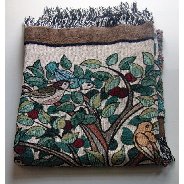 Arts and Crafts-Style "Tree of Birds" in Cream Jacquard Woven Throw Blanket For Sale - Image 11 of 12