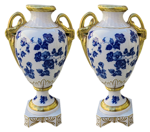 Bavarian Amphora Shaped Vases in White & Gold Porcelain with Handmade Blue Floral Decorations & Golden Swan Neck-Shaped Handles, Set of 2