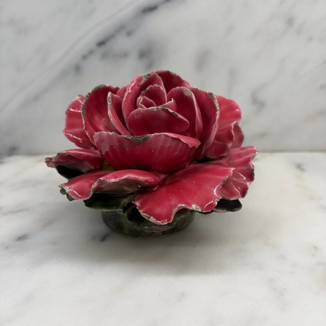 French Antique French Pink Porcelain Rose Flower Sculpture With Green Leaves For Sale - Image 3 of 8