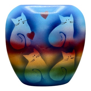 Vintage Judith Stiles Ceramic Oval Vase With Airbrushed Rainbow Cats and Hearts Design For Sale