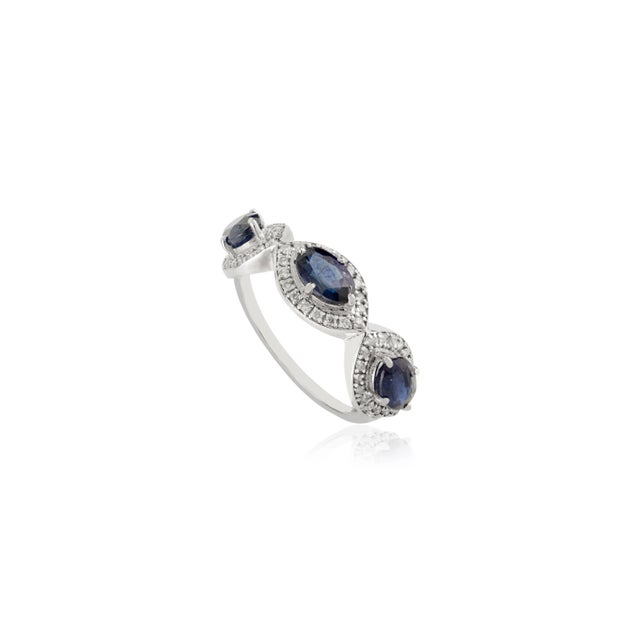 Contemporary Marquise Cut Three Stone Sapphire Diamond Cluster Ring 14k Gold Size 7 For Sale - Image 3 of 10