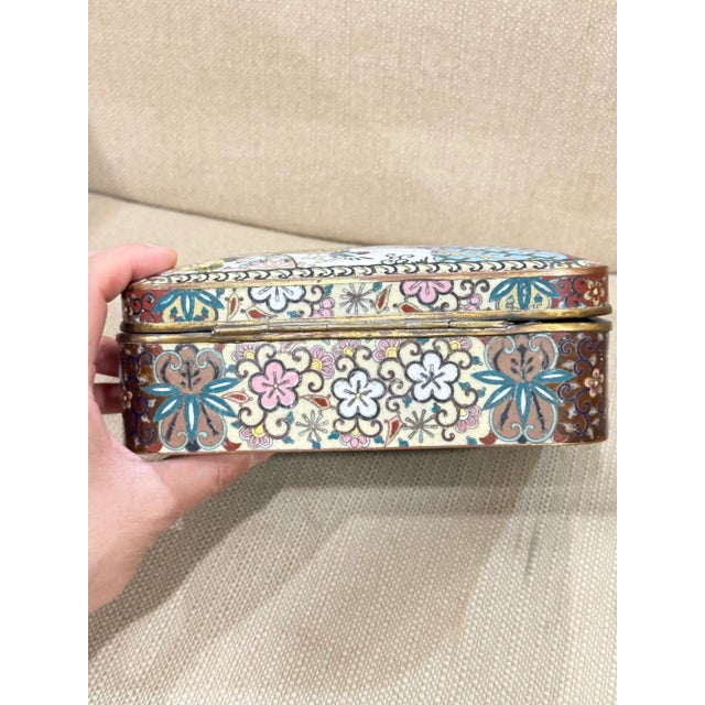 Rare Large Japanese Cloisonne Enamel Theatrical Mythical Mask Box Meiji For Sale - Image 11 of 13