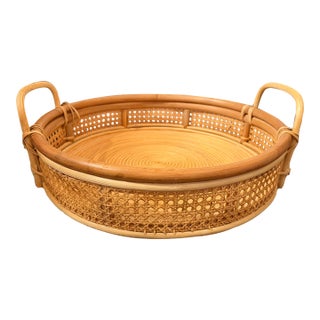 Large Vintage Round Rattan & Cane Serving Tray With Handles For Sale