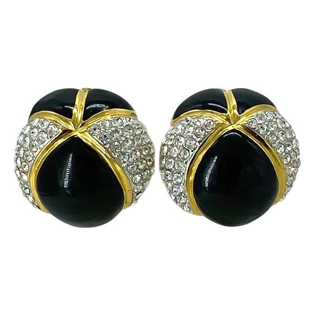 Essex Couture Black Enamel Clip-on Earrings With Clear Crystals, 1980s For Sale