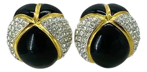 Essex Couture Black Enamel Clip-on Earrings With Clear Crystals, 1980s
