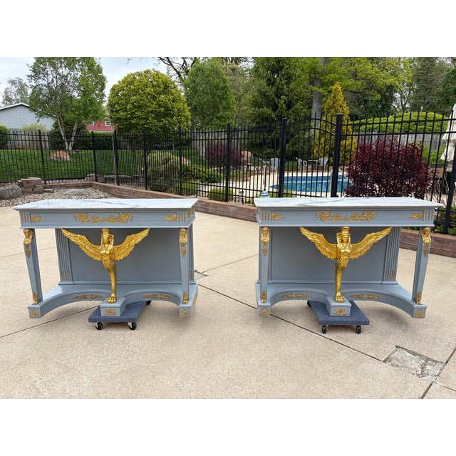 A Pair of Empire Revival Consoles With Gilded Sphinxes and Marble Tops For Sale In South Bend - Image 6 of 17
