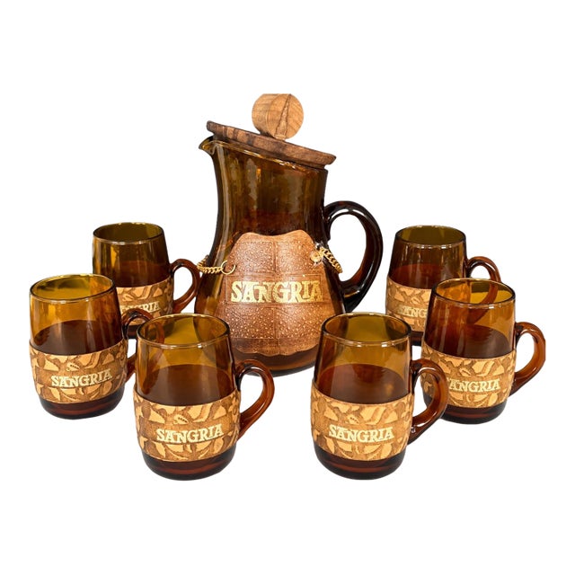 1970s Spanish Revival Amber Glass Sangria Pitcher & 6 Mugs, 7 Pieces For Sale