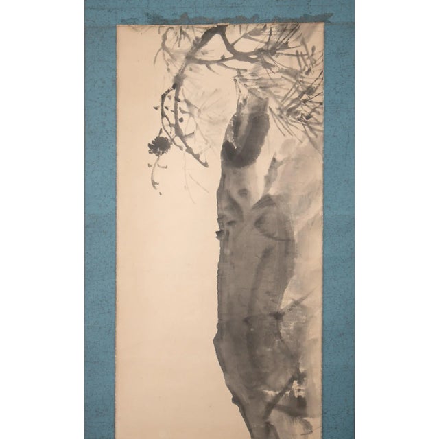 Early 20th Century Late Meiji to Early Showa Era Japanese Monochrome Watercolor Scroll Painting, "Red-Crowned Crane and the Plum Tree" For Sale - Image 5 of 12