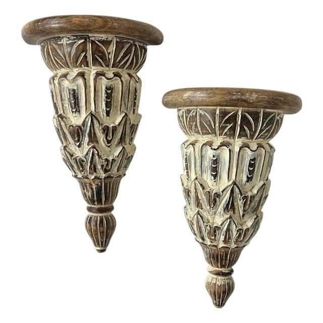 Vintage Hand Carved Decorative Wall Brackets - A Pair For Sale