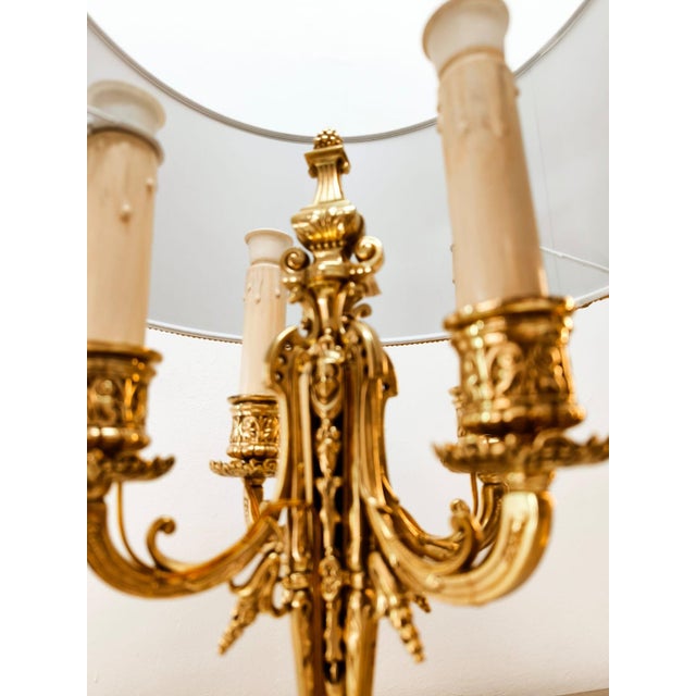 Antique Four-Light Bronze Lamp with Lampshade For Sale - Image 5 of 18