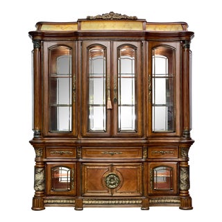 Aico by Michael Amini Villa Valencia Spanish Inspired Illuminated China Cabinet in Classic Chestnut Finish For Sale