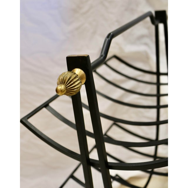 Mid-Century Modern Mid 20th Century Magazine Rack or Bath Towel Holder Black Wrought Iron With Brass Accents For Sale - Image 3 of 3