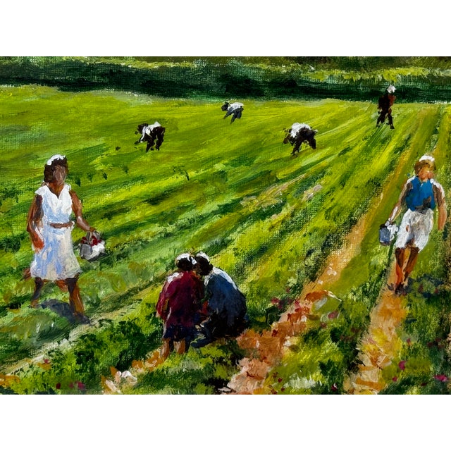 British 20th Century Landscape Oil Painting, Strawberry Pickers Harvesting in West Sussex South Downs For Sale - Image 9 of 18