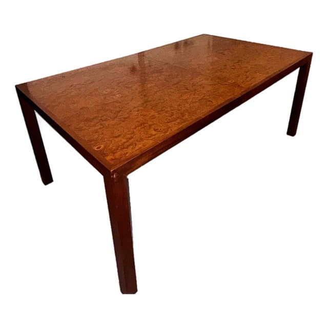 1970s Mid-Century Modern Burlwood Parsons Extension Dining Table With 2 Leaves in the Style of Milo Baughman For Sale