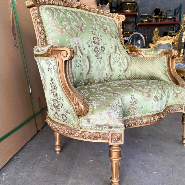 Italian Italian Style Wingback Chair – Military Green Damask Fabric, Gold Accents For Sale - Image 3 of 7
