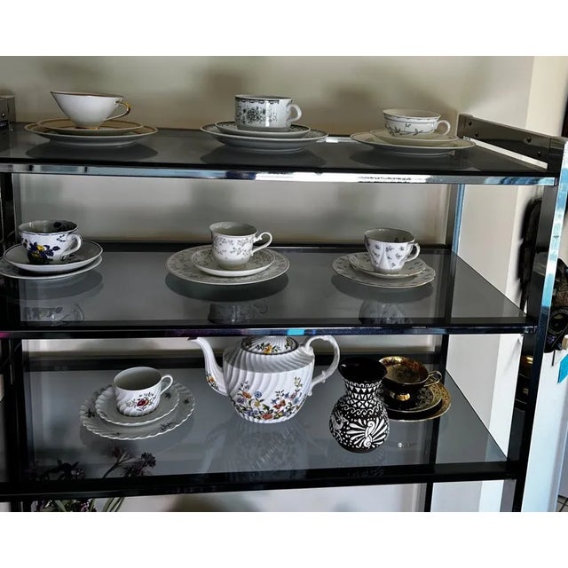 Chrome Matched Pair 1970s Chrome & Smoked-Glass Etageres 74″h – Milo Baughman Style – Estate Fresh For Sale - Image 8 of 15