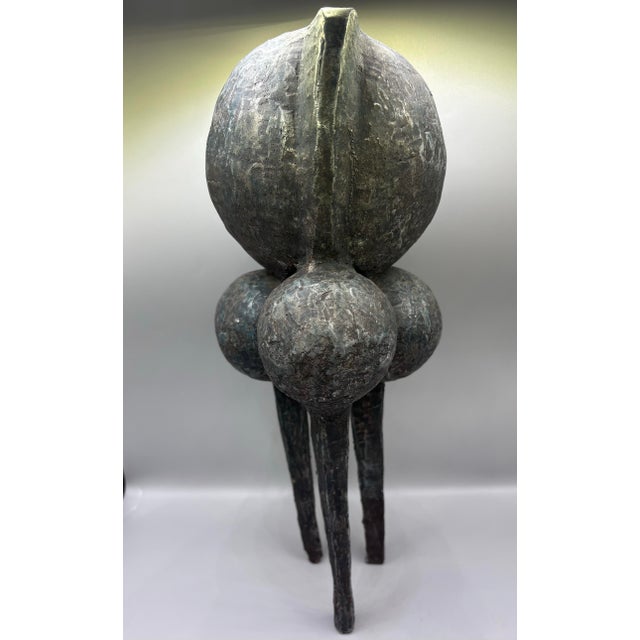 Verdigris Mid Century Brutalist Bronzed Metal Tribal Tripod Sculpture For Sale - Image 8 of 11