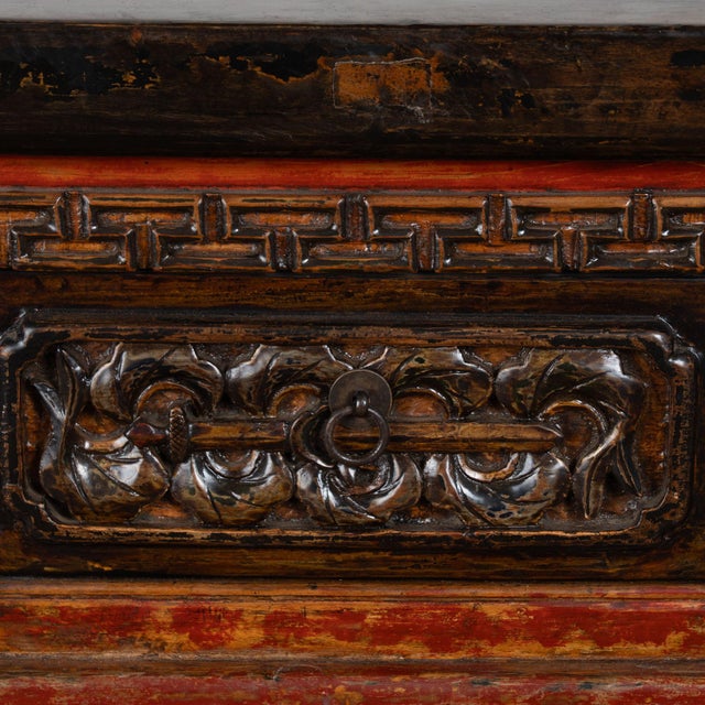 19th Century Chinese Red Altar Console Table With Carved Drawers For Sale - Image 12 of 18