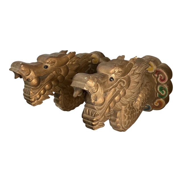 A Pair of Mid 20th Century Hand Carved Dragon Wall Sculptures For Sale