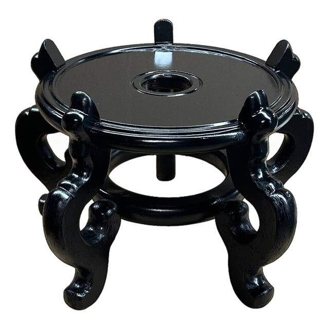 Black Lacquer 5 Curved Legs Round 10.5" Wood Plant Vase Display Stand For Sale