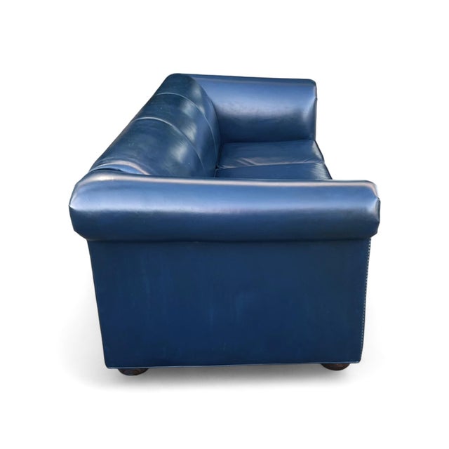 1960s Navy Blue Leather Roll-Arm Sofa With Brass Nailhead Trim and Wooden Bun Feet For Sale - Image 10 of 12