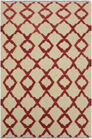 Contemporary Modern Kilim Ivory/Red Hand-Woven Wool Rug - 4'3 X 6'1