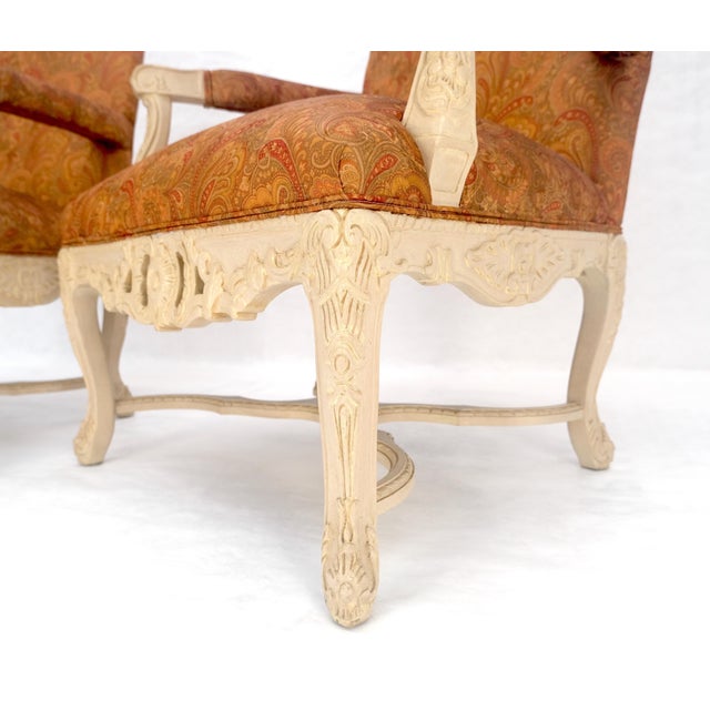 Pair of Fine Carved White Lacquer Rouge Floral Upholstery Arm Club Chairs MINT For Sale - Image 10 of 13