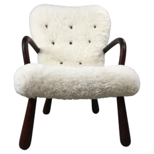 Danish Clam Chair in Sheepskin, Reuplhostered, 1950s