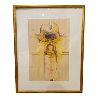Large Signed 1970 Surrealist Mixed Media Drawing on Paper, Framed Modern Figurative Artwork For Sale