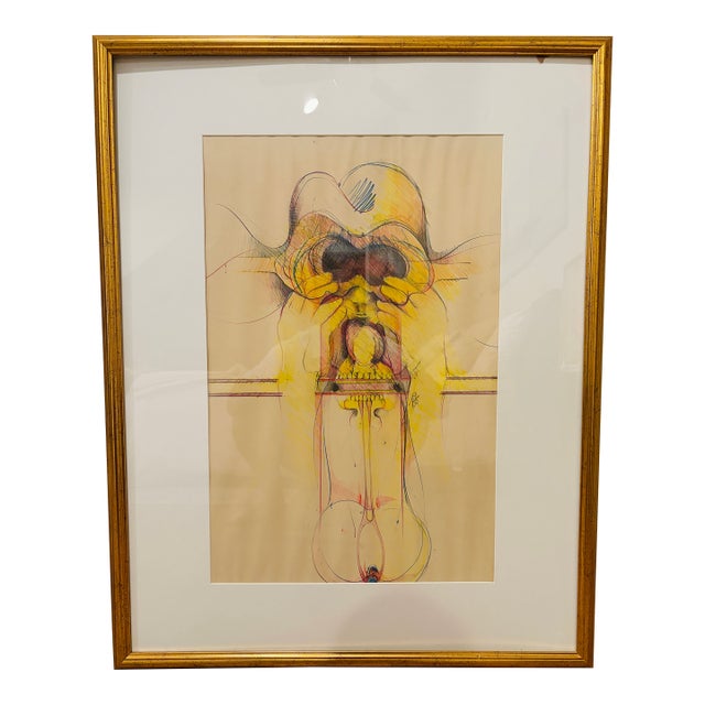 Large Signed 1970 Surrealist Mixed Media Drawing on Paper, Framed Modern Figurative Artwork For Sale