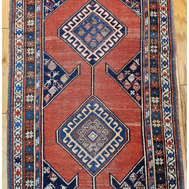 Antique Persian Kurdish Bidjar Runner Rug, Hand-Knotted Wool, Geometric Pattern, Terracotta & Navy, 3x13 For Sale - Image 13 of 17