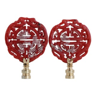 Chinese Longevity Symbol Lamp Finials on Golden Brass Hardware - a Pair For Sale
