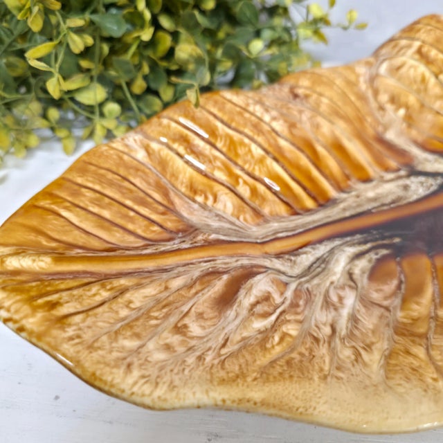 Maurice of California 1950s Gold Leaf Tray Mid Century Modern Ceramic Banana Leaf Platter 20” For Sale - Image 10 of 14