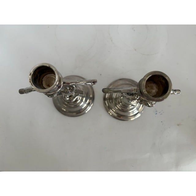 Sculpture Materials Pair of Antique Silver-Plated Cherub Figural Candlesticks, Circa 1930s Romantic Classical Revival Baroque Inspired For Sale - Image 7 of 10