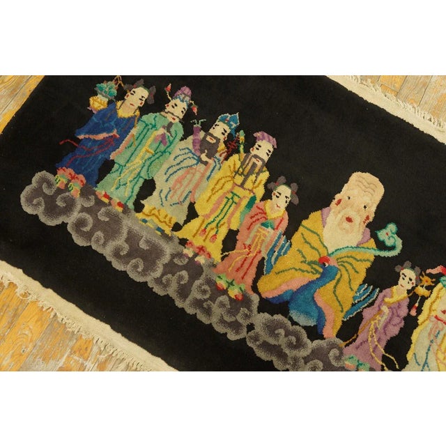 1920s Black Antique Chinese Art Deco Rug 10 Immortals Qing 2'7" X 4'10" Knotted Wool Carpet For Sale In New York - Image 6 of 12