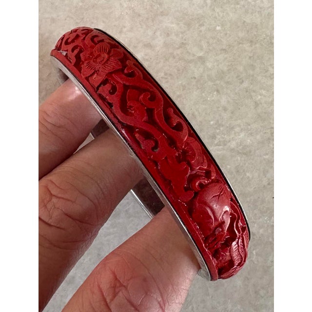 Asian Antique, Cinnabar and Sterling Silver Bangle Bracelet For Sale - Image 3 of 6