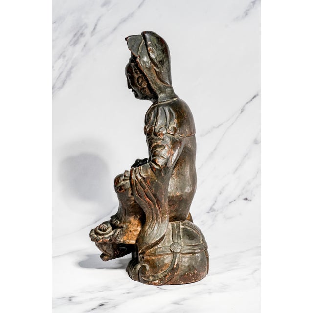 Hand Carved Large Antique Chinese Guanyin Wood Sculpture on Dragon Buddhist Asian Home Decor For Sale - Image 14 of 17