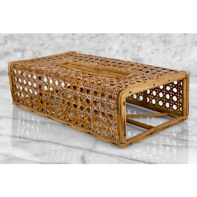 Vintage Boho Coastal Rattan Natural Cane Tissue Box Holder, c.1970's - Pairs Nicely with Many Eclectic & Coastal Inspired...