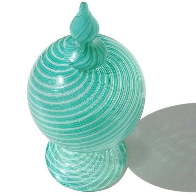 Mid 20th Century Murano Dino Martens Blue Green White Stripe Swirl Vintage Italian Art Glass Decanter Bottle Vase For Sale - Image 5 of 9