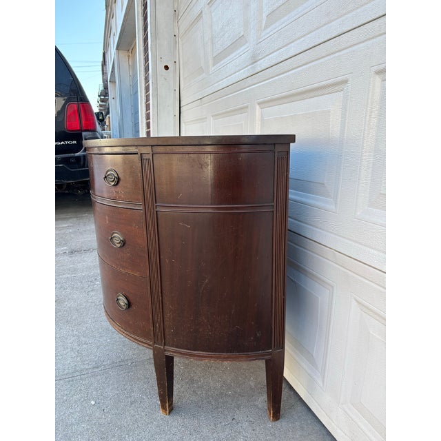 Early 20th Century Vintage Mahogany Demilune Dresser| Federal Revival Bow Front Chest | Traditional Colonial Style Bedroom Storage Accent Furniture | Dark Wood For Sale - Image 5 of 12