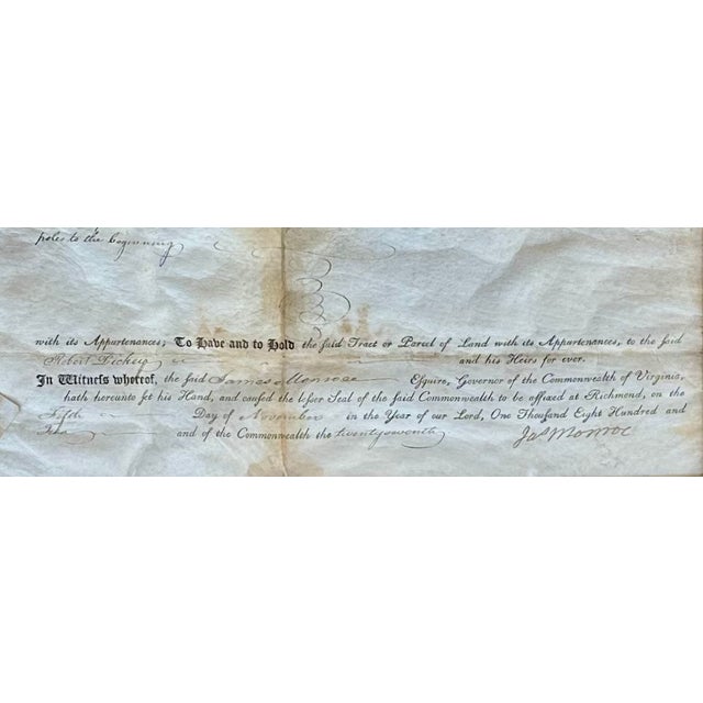 James Monroe Signed Virginia Governor Land Grant Autograph Document, c.1800 — Rockingham County (Framed) For Sale - Image 4 of 6