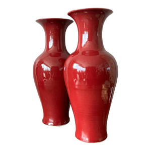 Vintage Asian Glazed Ceramic ”Sang De Bouf” Vase - A Pair